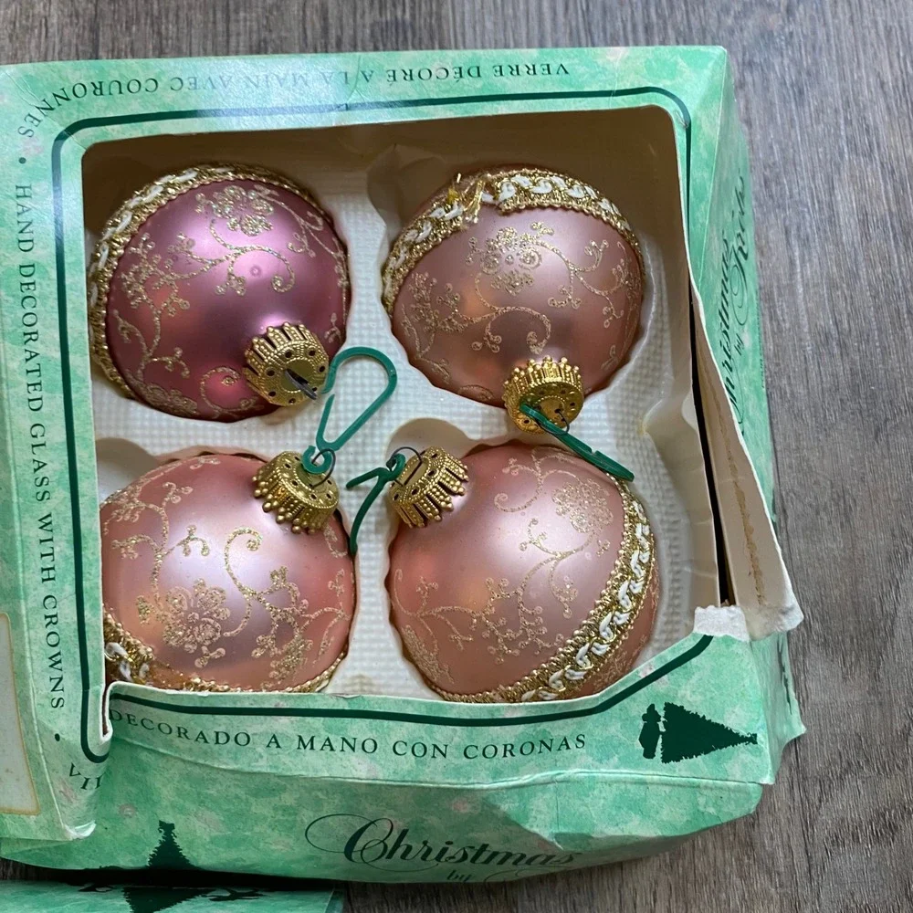 Vintage Christmas by Krebs Pink Gold Glass Ornaments Hand Decorated 12ct 72580